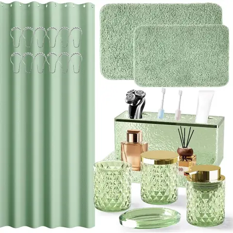 Bathroom Accessories Set 20PCS Green Glass Bathroom Set with Shower Curtain and Rugs Soap Dispenser Soap Dish Cup Qtip Jar Toot