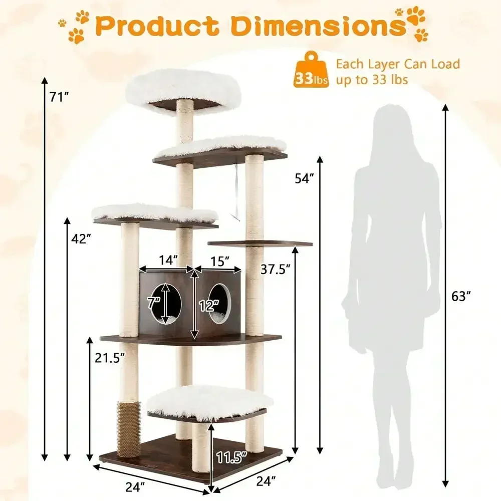 Arbre à Chat en Bois, Tour à Gratter, Perchoir