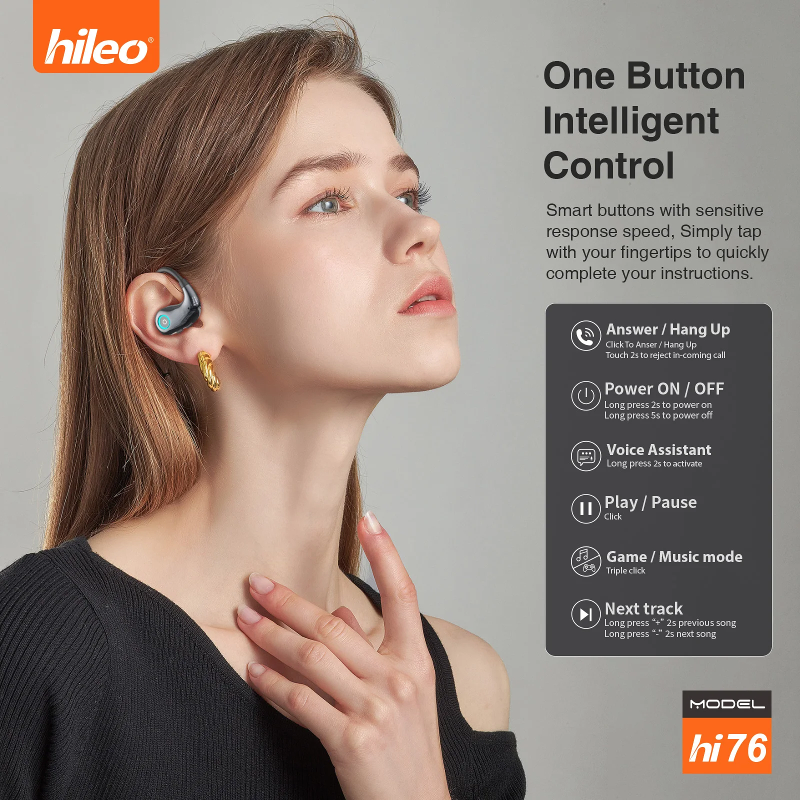 Hileo Blueetoth سماعات الهاتف الأذن هوك تصميم لاسلكي للرياضة الصحية مع صوت ستيريو 360 صوت بانورامي لصالة الألعاب الرياضية/الجري