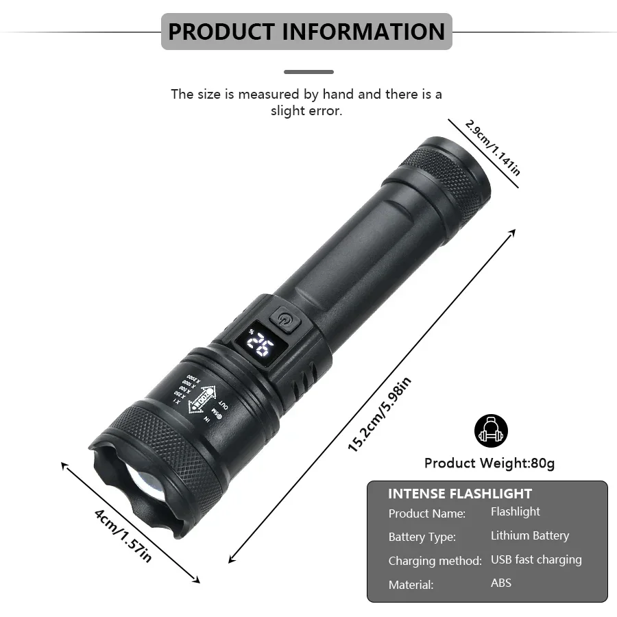 Ultra Bright Led Flashlights USB Rechargeable Zoom Spotlight Torch with Power Display Tactical Flashlight for Emergency Lighting