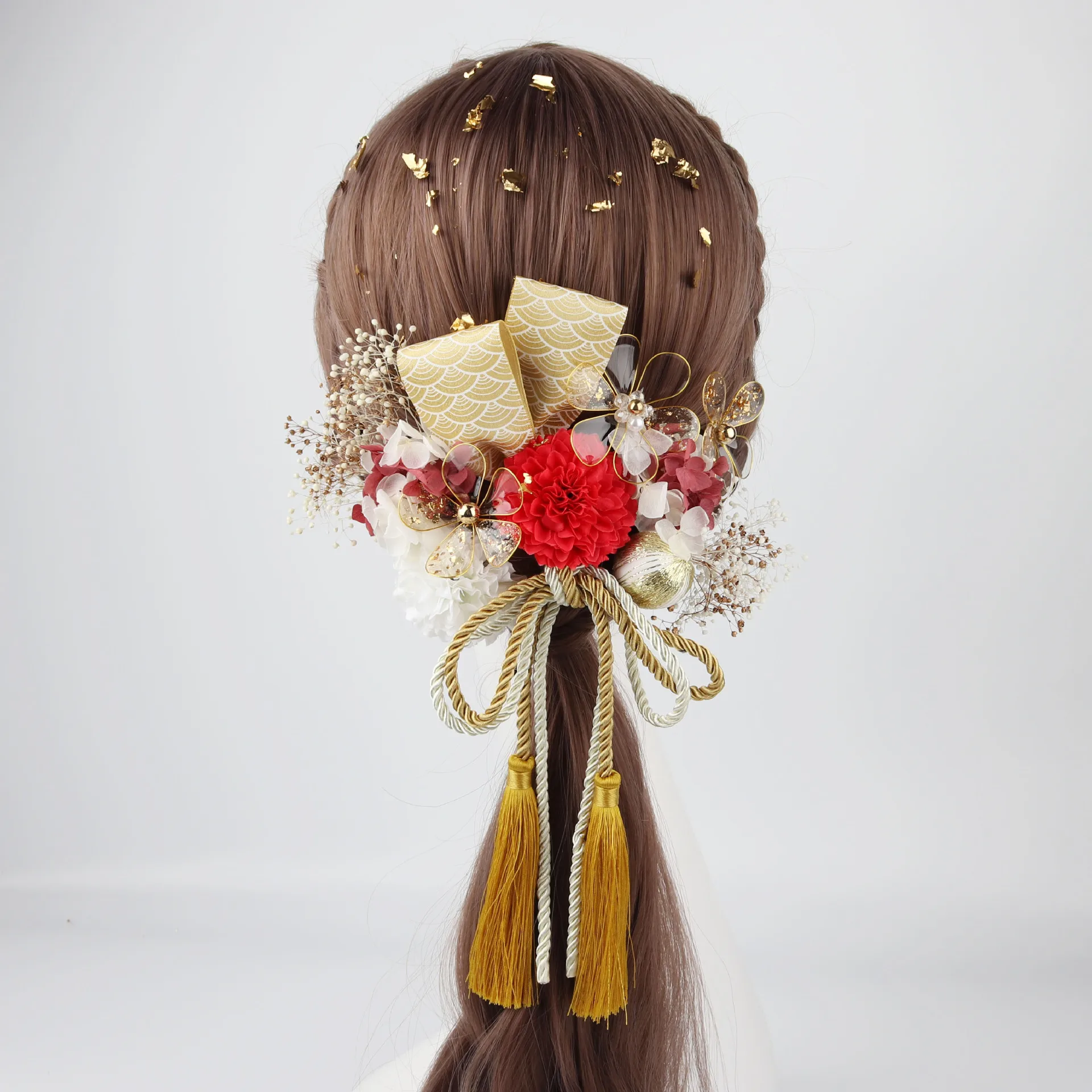 

Заколка для волос в стиле сухих цветов с японским искусственным цветочным кристаллом, белое золото, красное золото, цвет мехового цвета, выпускной, формальная прическа, аксессуары для волос