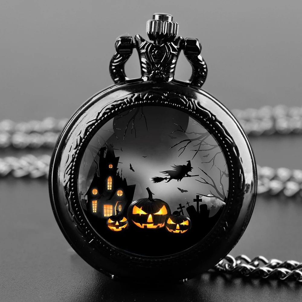 

Pumpkin Witch Glass Dome Quartz Pocket Watch With Durable Chain Arabic Numeral Dial Halloween Gifts for Kids