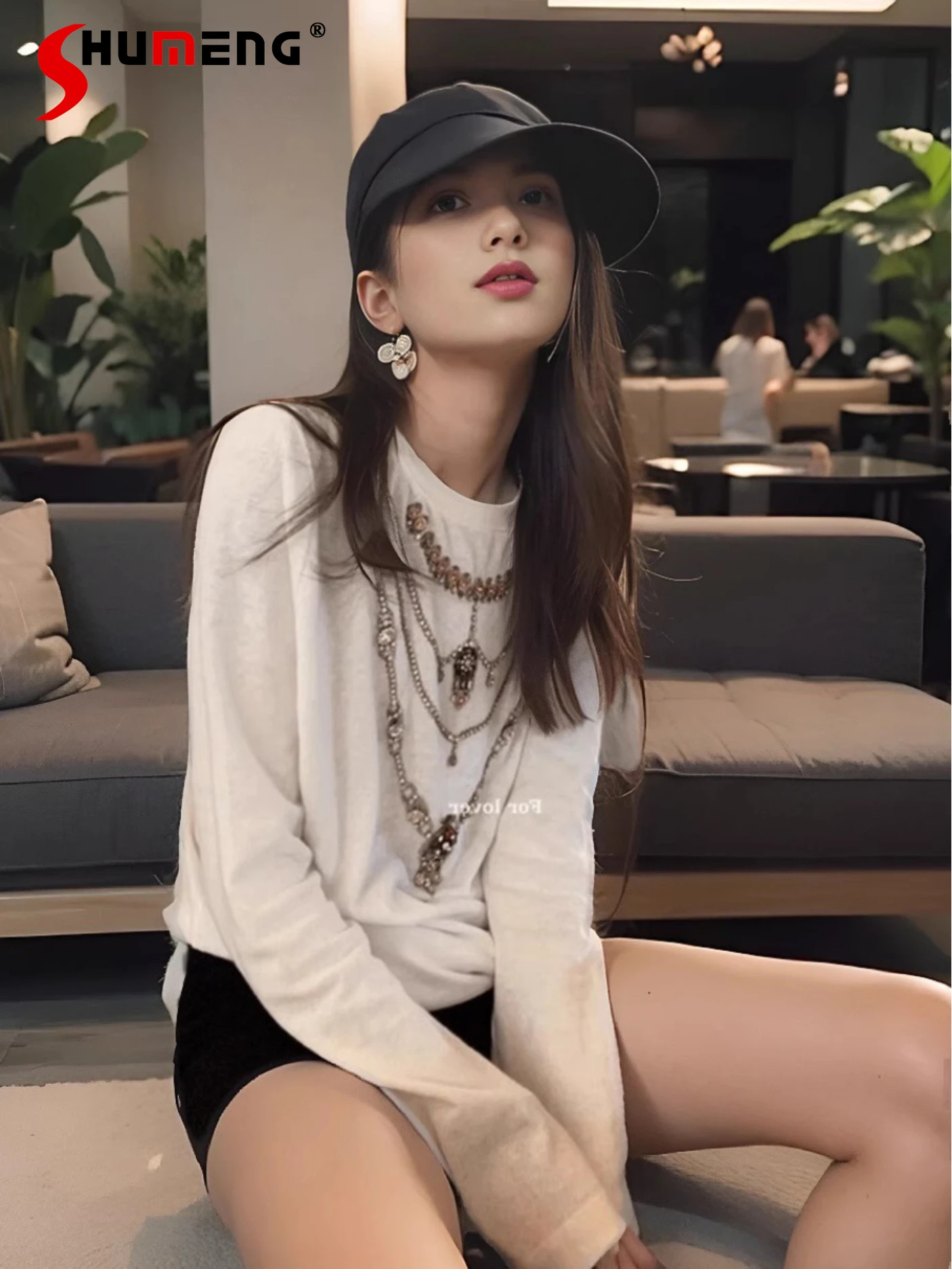 

2024 New Fashion Bead Long Sleeve Round Neck T-shirt Solid Color Loose Comfortable Cotton Top Feminine High Street Nice T-Shirts