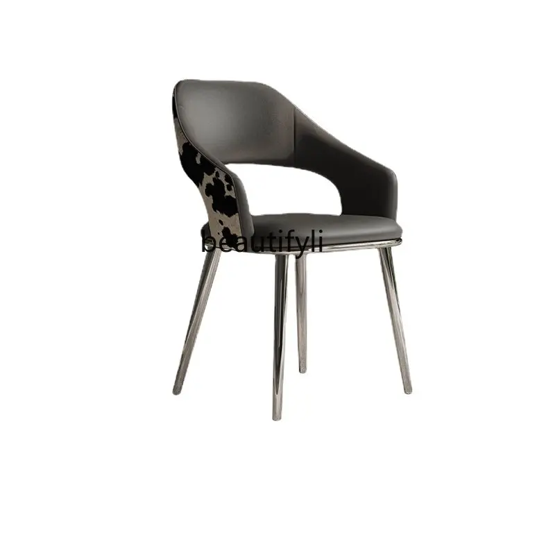 

zqGenuine Leather Chair Soft Cover Home High-Grade Villa Dining Room Table and Chair Combination with Armrest Backrest