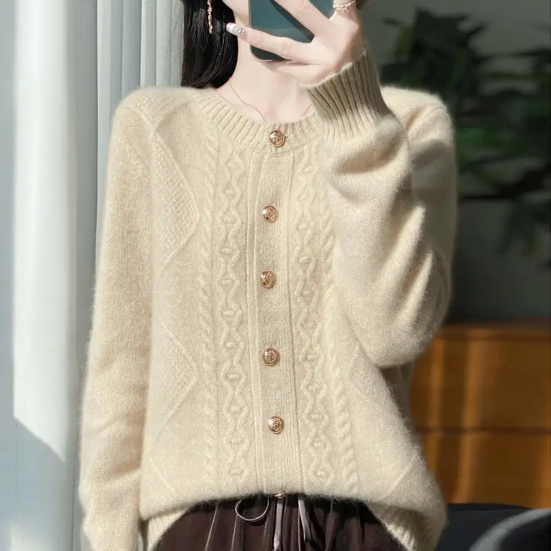 프랑스 라이트 럭셔리 여성용 스몰 향기 울 가디건, 두꺼운 라운드넥 자카드 니트 스웨터