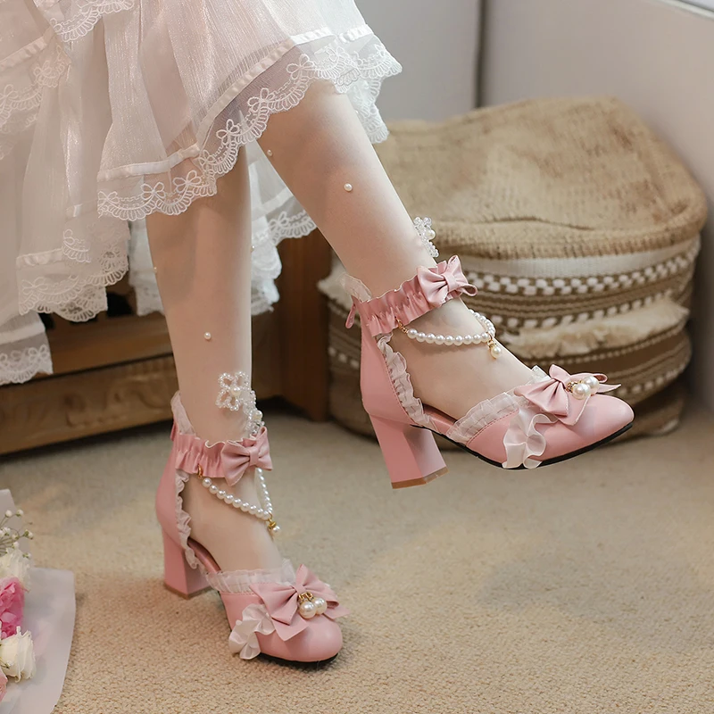 Romantic Lolita Mary Jane Sandals with Side Open Heel Cover Delicate Beadwork Feminine Bow Lace Edge Back Zipper Princess Style