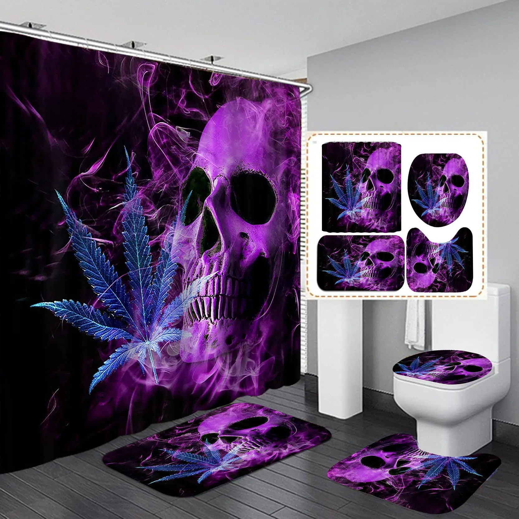 

Flame Skull Shower Curtain Set Fantasy Burning Skeleton Bathroom Decor Waterproof Cloth Fabric with Accessories