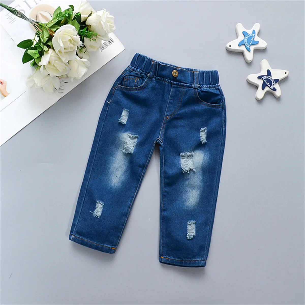 Spring And Autumn New Girl Baby Jeans Dress Ripped Jeans Tidal Embroidery Solid Color Buttons Casual Light Korean Style All Matc