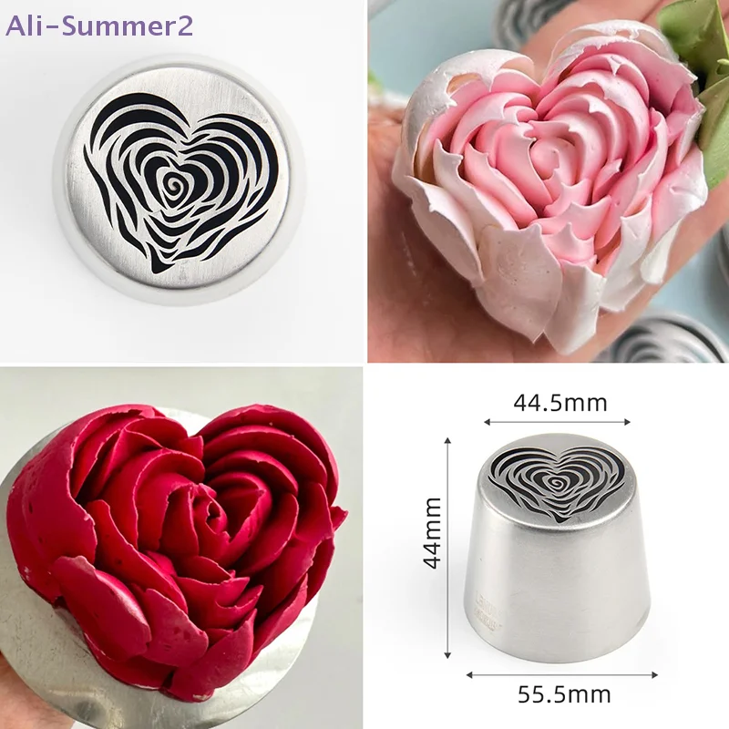 【Summer2】Stainless Steel XL Heart Rose Flower Pattern Russian Icing Tip Cake Marshmallow Piping Nozzle Decorating Baking Tool