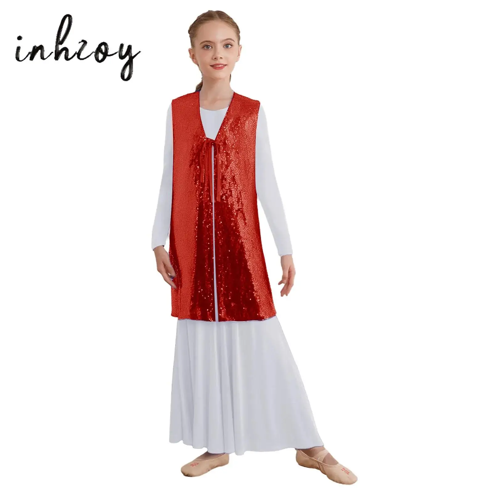 

Kids Girls Praise Worship Dance Costume Shiny Sequins Open Front Self-Tie Sleeveless Split Tunic for Performance Competition