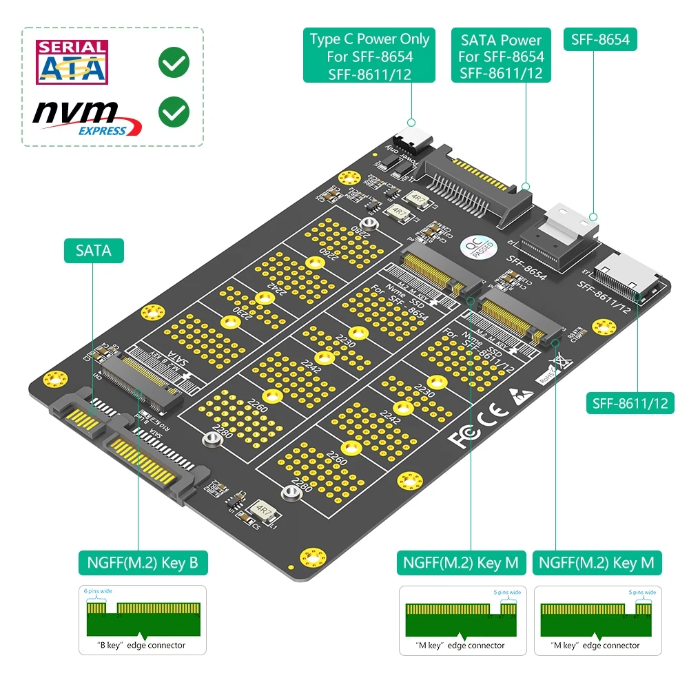 3 in 1 Combo M.2(NGFF) NVMe SSD/SATA-Bus SSD to SFF-8611/8612  8654/and SATA Adapter