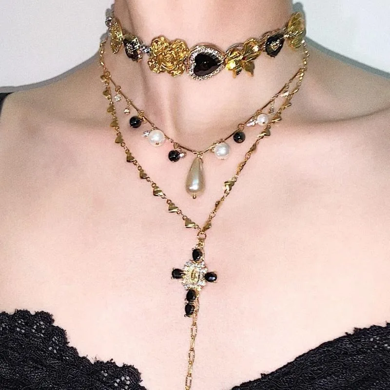 

Romantic Epic Titanium Steel Black Gold Button Necklace Beads Love Cross Retro 2 Piece Set