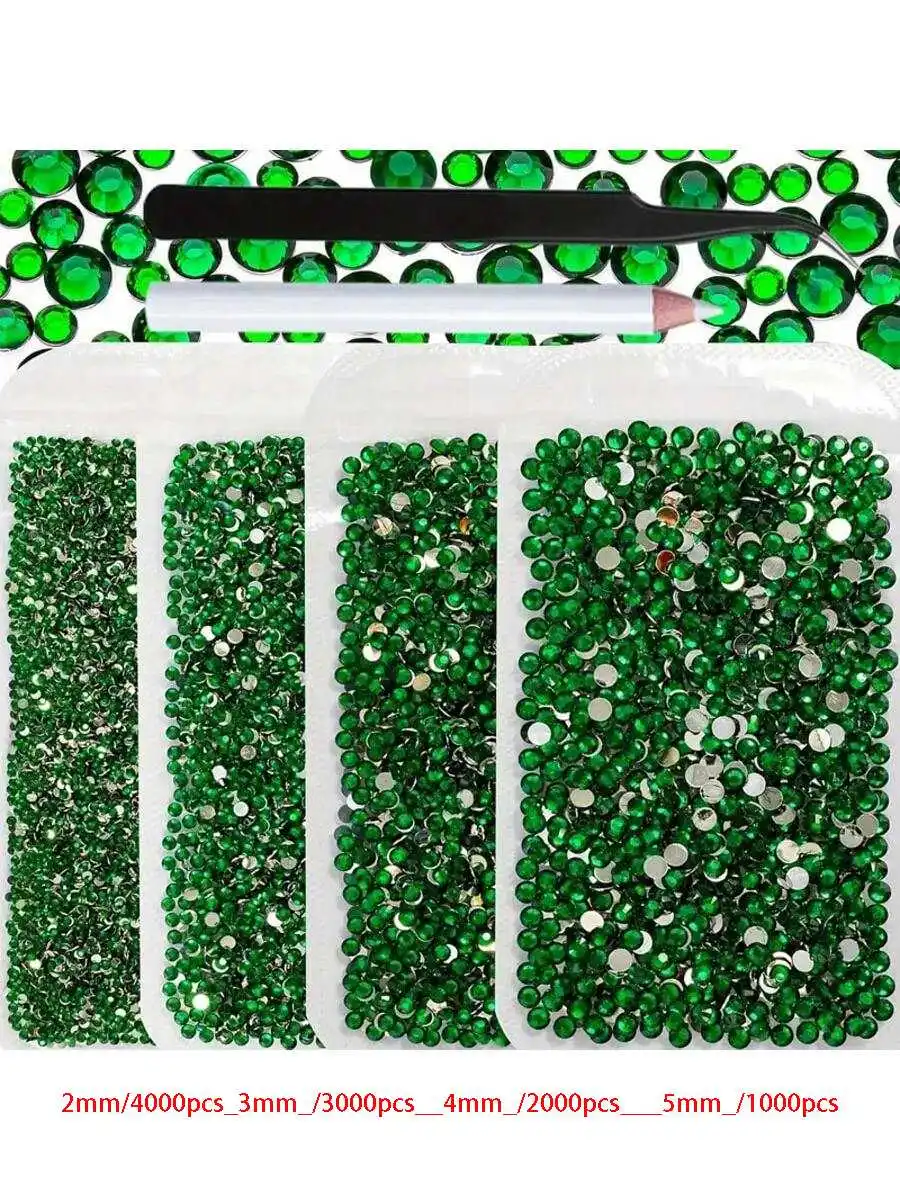 鮮やかなラインストーンの4袋セット、サイズは2mm、3mm、4mm、5mm、合計10000個、ピックとピンセット付き、ホットフィックスではありません。