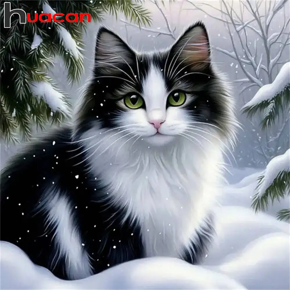 Huacan Katze Tier Diamant Malerei Schnee Winter Landschaft 5D DIY Strass Bilder Kunst Diamant Mosaik handgemachtes Geschenk
