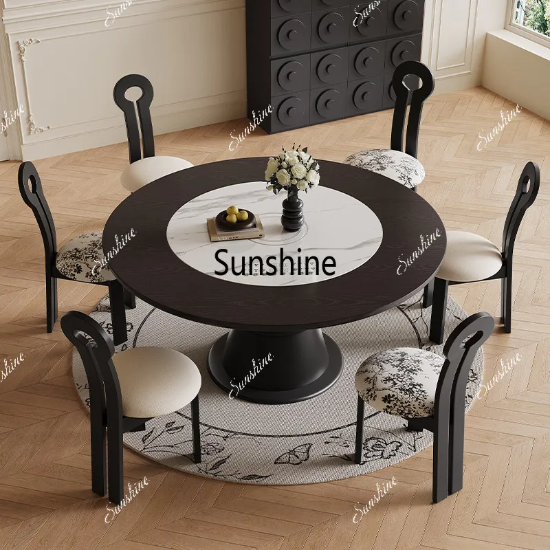 Solid wood large round dining table with electric turntable embedded in high-end medieval small apartment living room