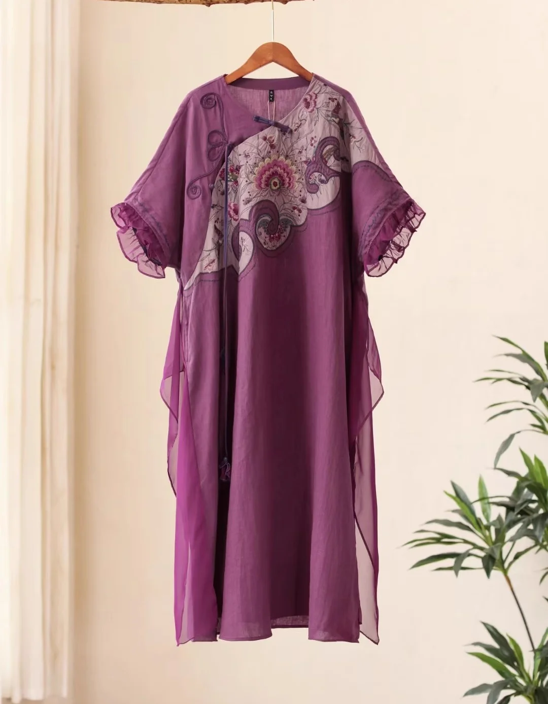 

TOP Summer dresses Plum purple short sleeved long dress Chinese style embroidery lace loose vintage robe Womens dresses