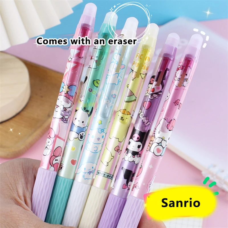 Sanrio-Bolígrafo de Gel borrable de dibujos animados, Cinnamonroll, Kuromi Melody, 0,5mm, tinta azul, escritura, secado rápido, papelería para estudiantes, 1/6 piezas