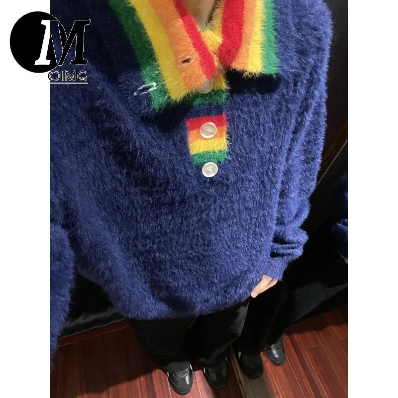 [oimg] American Rainbow Splicing V-neck Knitted For Male And Female Couples, Trendy Brand Sweater