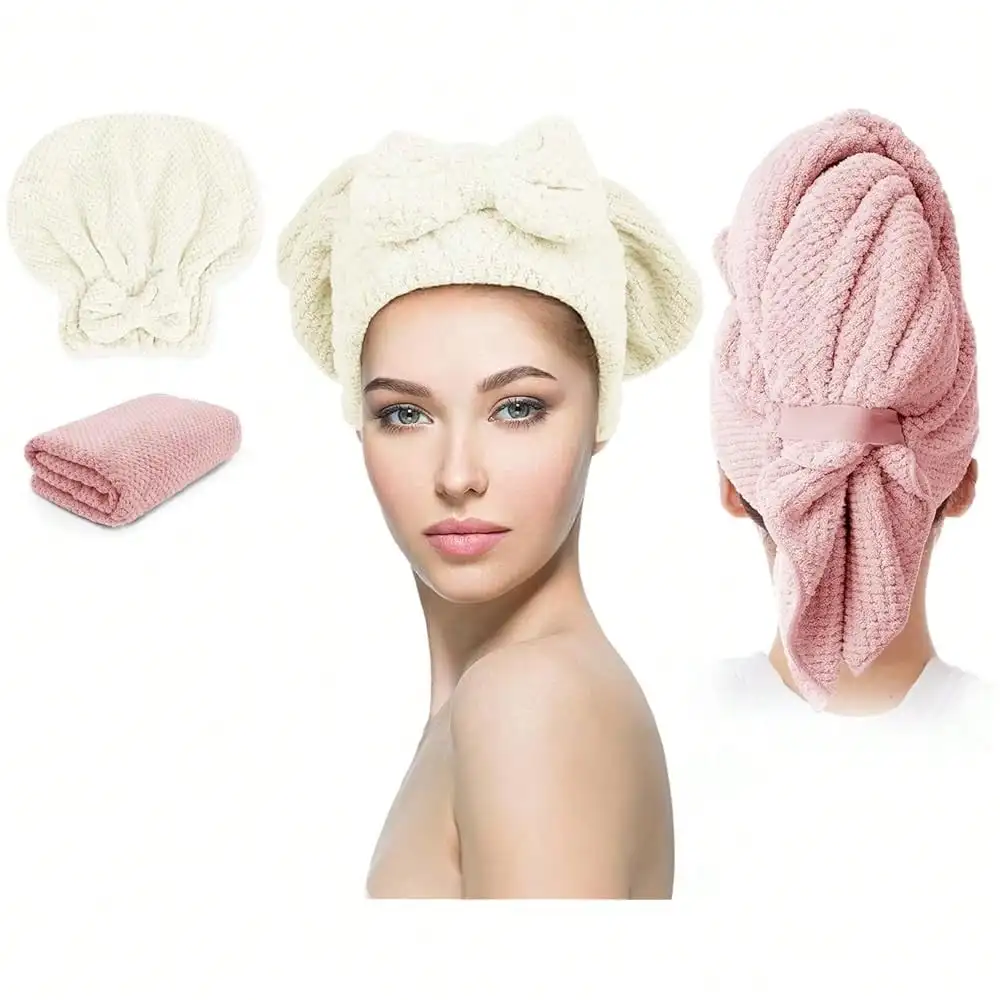 

Hair Plopping Towel Curly With Snaps, Women 2 Pack Hair Drying Towel Wrap Super Absorbent & Quick Dry Turbans For All Hair Types Anti Frizz Pink&Beige