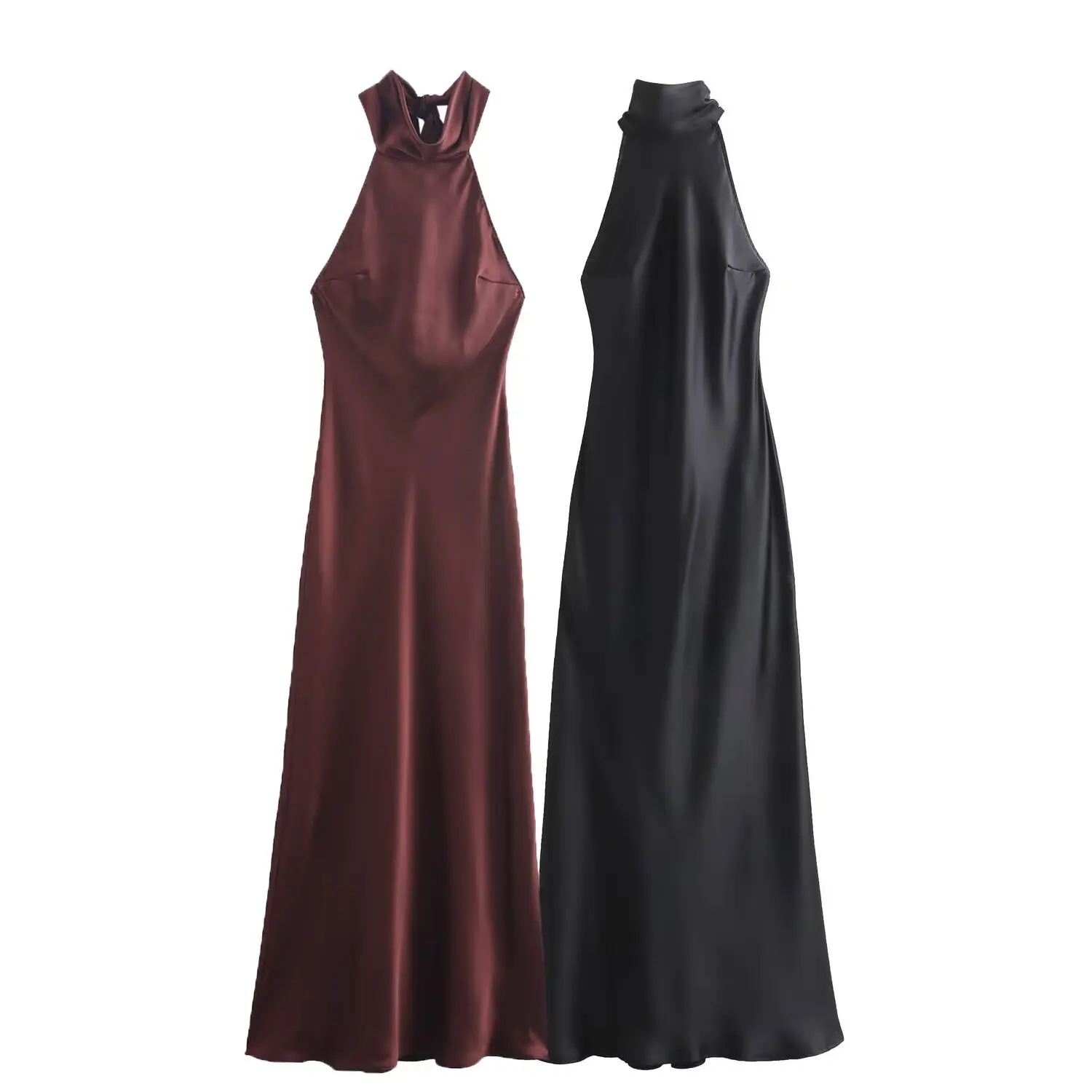 JNLEAOG Autumn New Women's Satin Feel Dr Hanging Ne Collar Gown Polyester Fiber H Version Casual Sle Single Piece