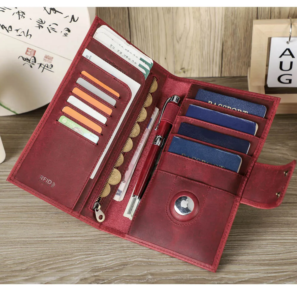 

MAGIC TALE Genuine Leather Family Passport Clutch Wallets RFID Card Holder AirTag Slot Passport Cover Familie Travel Bag Handbag