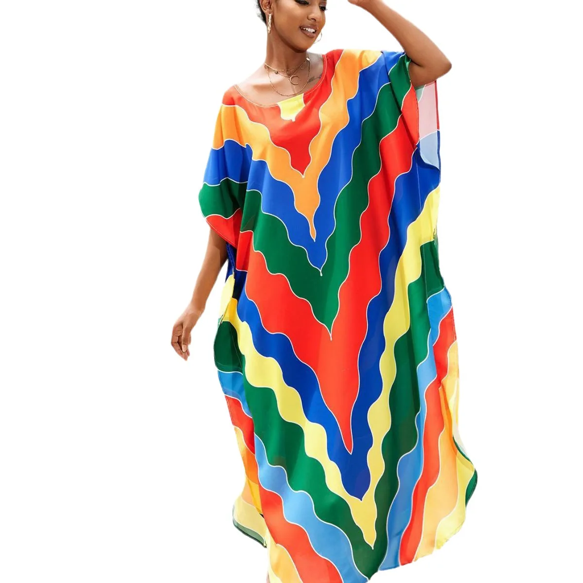 Multicolor Striped Kaftan Bohemian Printed Bikini Cover Up Batwing Sleeve Maxi BeachDress Women Beachwear Maxi Dress Robe