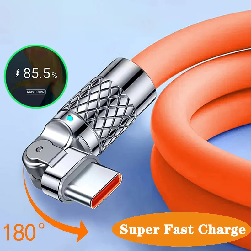 120W USB Type C Cable 180° Rotating 6A Cable Fast Charging Data Cable For Huawei Samsung Xiaomi iPad Data Line PD USB To Type C