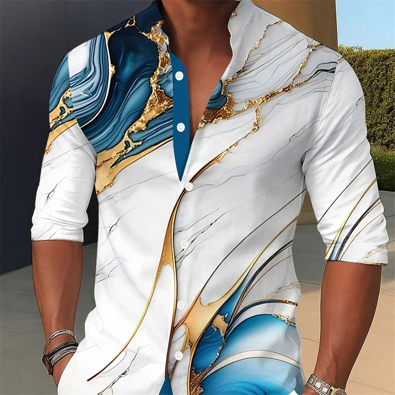 

Hawaiian Men's Long Sleeve Shirt Ink Color 3D Leaf Print Casual Long Sleeve Flap Top Loose Men's Top
