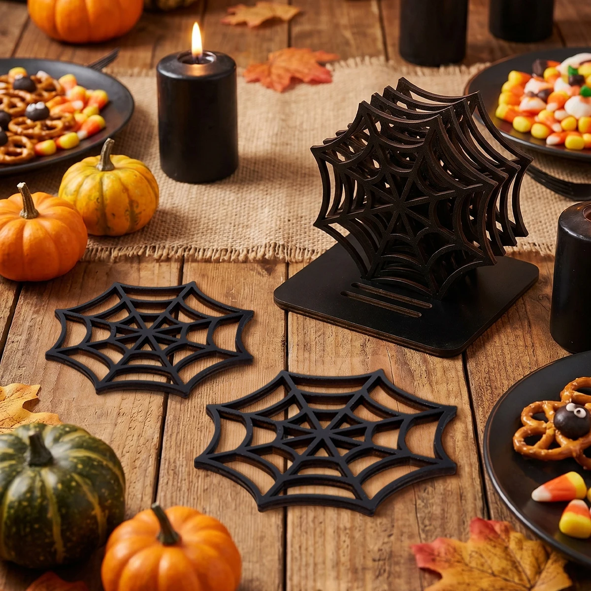 Halloween Spider Web Placemats Set Wooden Halloween Party Table Decoration Spider Web Coasters with Storage Base Party Supplies