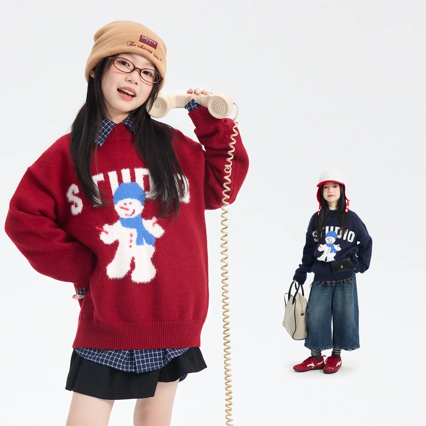 

Christmas Theme Lazy Style Knitted Base Shirt Sweater Girls Fashion Autumn Winter Top Small Snowman Design Base Layer Age 4-14Y