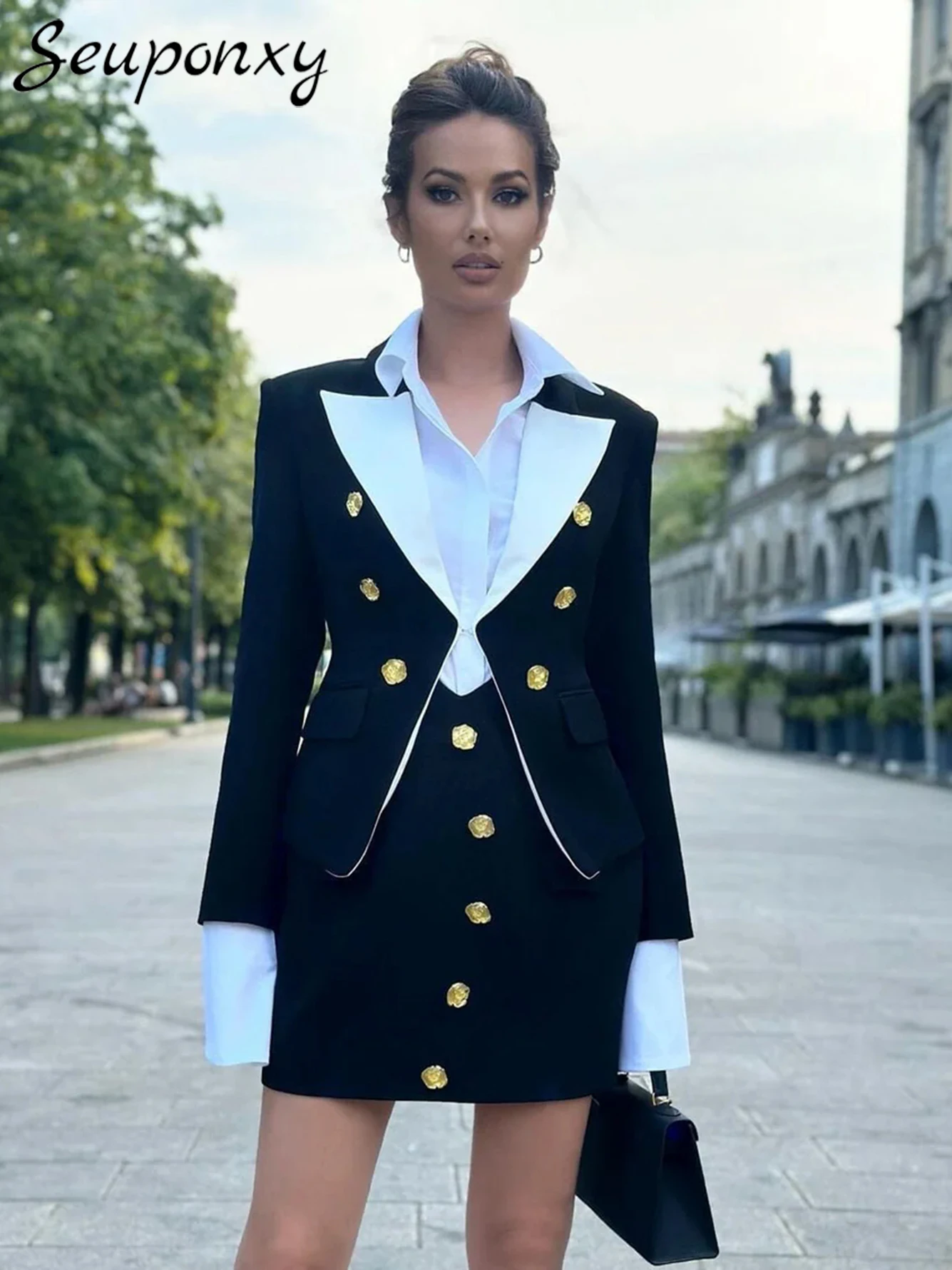 

High Quality 2024 New Fashion Women'S Black Blazer Sexy V-Neck Long Sleeved Double Breasted Fashion High Street Blazer Skirt