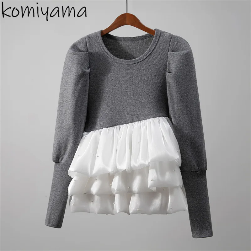 Spliced Pearl Ropa Mujer Hit Color Hem Outerwears Japanese Sweet Sweater 2025 Cute Knitted Pullovers O-Neck Pull Femmes