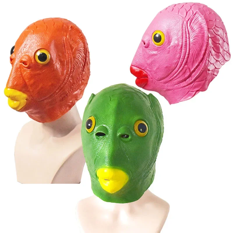 Funny Cosplay Mask for Men and Women Adult Party Fish Head Mask Headdress for Makeup Party Green Head Fish Hood Animal Latex