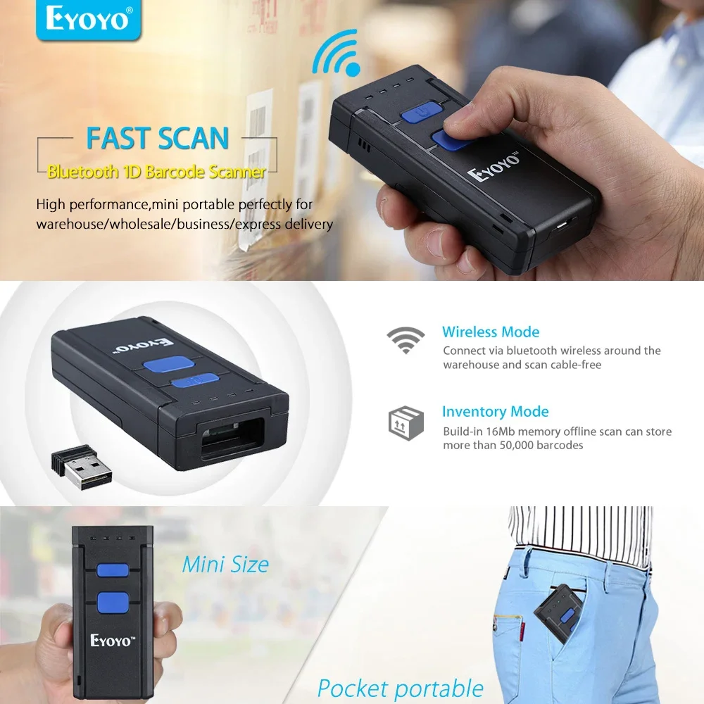 EYOYO MJ-2877 Wireless Bluetooth Barcode Scanner Mini Laser Portable Reader Red Light 1D Bar Code Laser Reader CCD Scanners