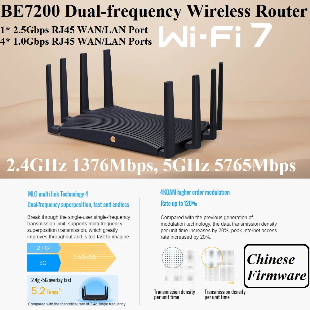 1*2.5G RJ45 WAN/LAN Port, BE7200 7200Mbps WiFi7 Wireless Mesh Router Dual-Frequency Wi-Fi 7 IEEE802.11be, 2.4G 1376M, 5G 5765M