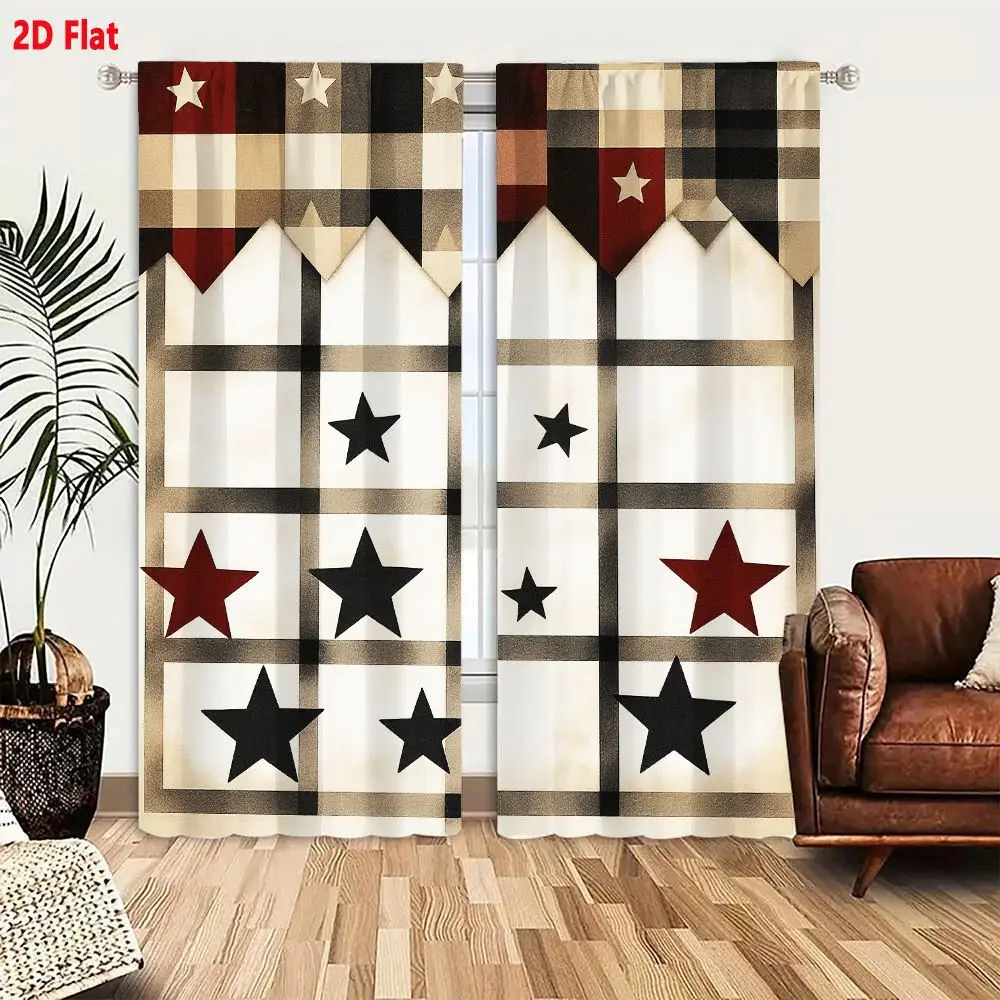 2Pcs Curtains 2D Flat Checkered Star Motif Decorative Design Rustic Patriotic Folk Art Pattern Window Drapes for Bedroom Room De