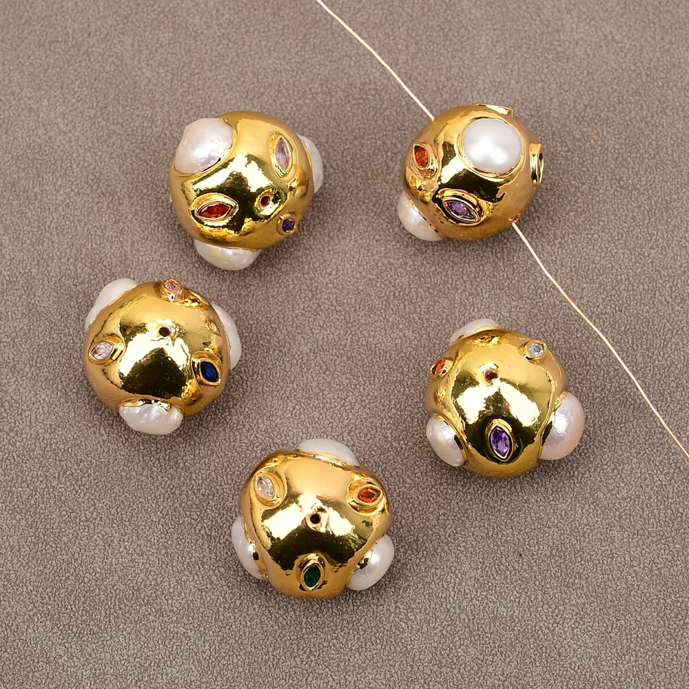 APDGG Wholesale 5 Pcs Gold Edged Natural White Pearl Mix Color CZ Zircon Paved Gold Trim Accessories Jewelry Findings DIY