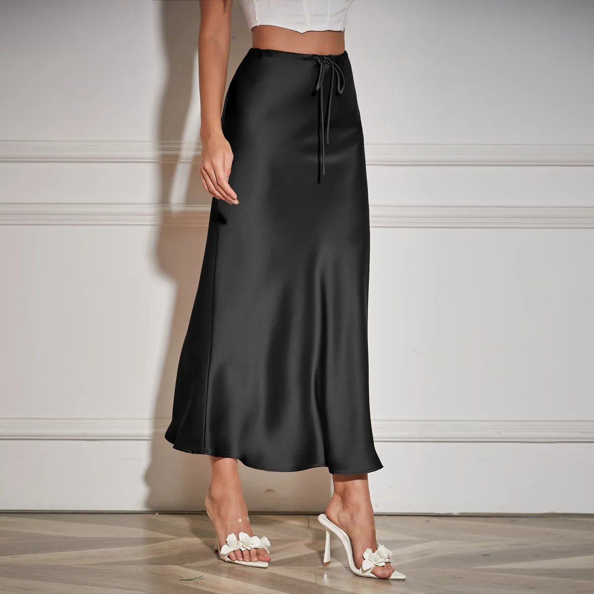 High Waist Drawstring Belted Pure Color Satin Half Skirt Women's Cross-Border Fashion Commute Style Other Material 100%