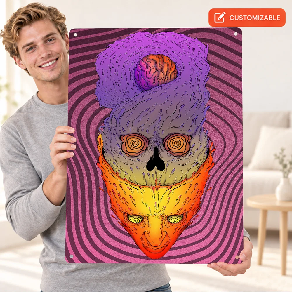Dissociated Psychedelic Skull Aluminum Poster Bold Contemporary Illustration Bedroom Wall Art Personalized Metal Sign Fan Gift