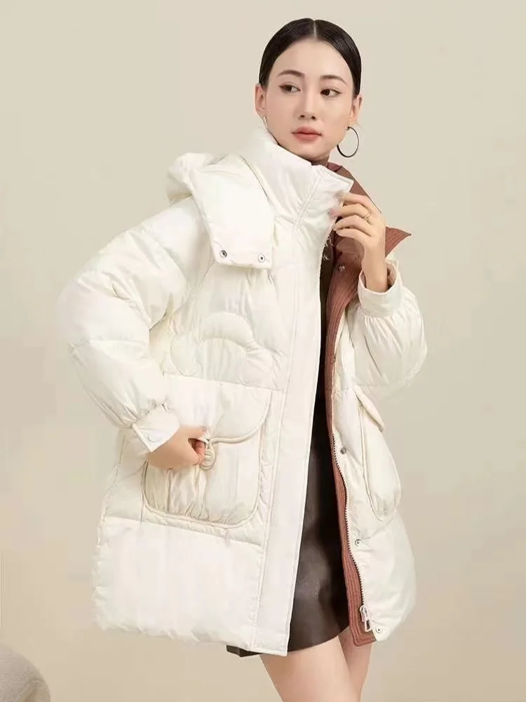 Women's Hooded Duck Down Jacket, Thick Warm Coat, Fake Two Pieces Parkas, Street Shooting Fashion, New, Winter, 2024