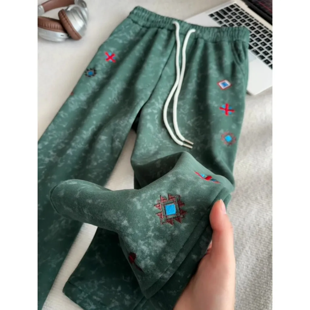 American Retro Tie Dye Embroidered Casual Pants Men Women Autumn Winter Oblique Knife Design Sensation Sport Pants