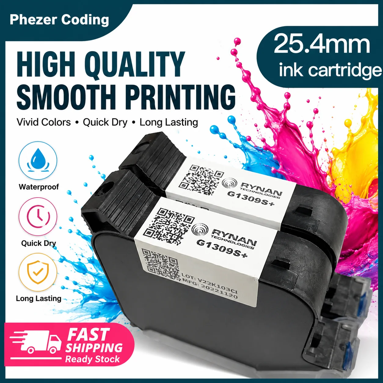 Phezer 1309S 25.4mm Original Ink Cartridge Quick Dry High Adhesion Inkjet Printer Ink A Level Quality Handheld inkjet Printer