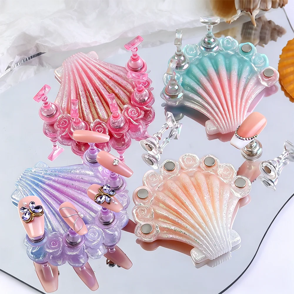

4-Colors Aurora Mermaid Shell Magnetic Nail Holder False Tips Practice Stand Nail Art Display for DIY Gel Polish Salon DIY Tools
