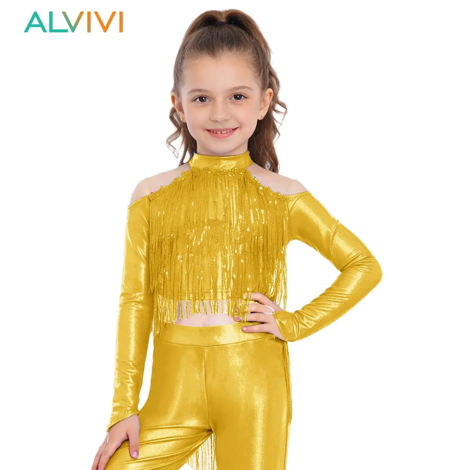 

Детский топ для девочек с бахромой из бирюзовых металлических пайеток, для выступлений в стиле хип-хоп и джаз, с отверстиями для пальцев, блестящий, с пайетками и бахромой, укороченный топ