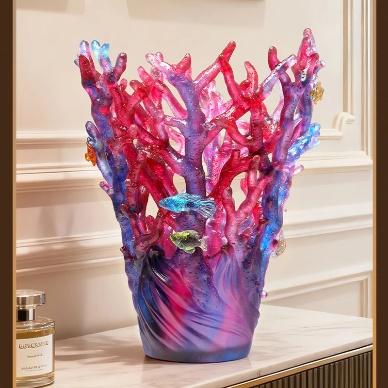 High-end Crystal Liuli Coral Flower Vase Ocean Style Home Decor Sea Fish Ornaments