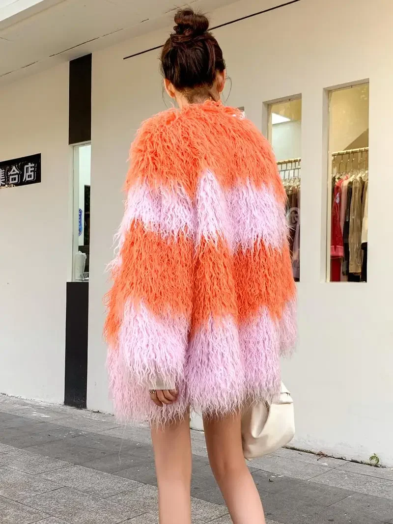 2024 Persimmon Red Splicing Cherry Blossom Pink Faux Fur Top Jacket Plush Loose Autumn And Winter Contrasting Beach Wool Coat