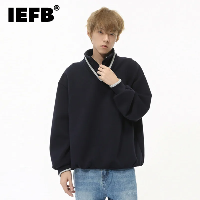 IEFB Autumn Men's Sweatshirts Loose Fake Two-piece Stand Collar Patchwork Zipper Design Casual Male Clothing New Autumn 9C7570