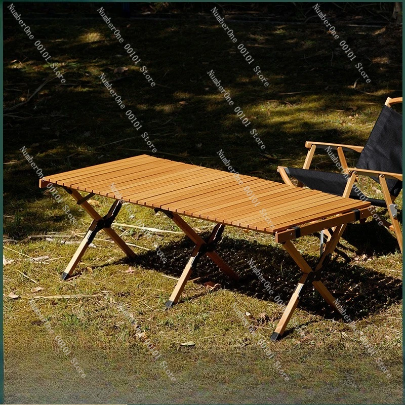 Beech Wood Outdoor Camping Folding Table, Portable Roll-Top Picnic Table for Barbecue & Travel
