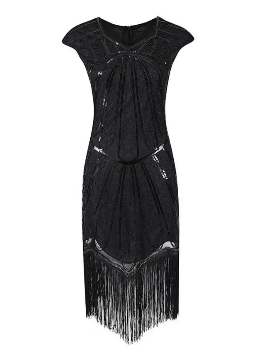 Retro 920s Movie Gown Handwoven Sequin Dr Mid-Length Midi Skirt Zipper Closure No Brand Polyester Fabric No Sve awl