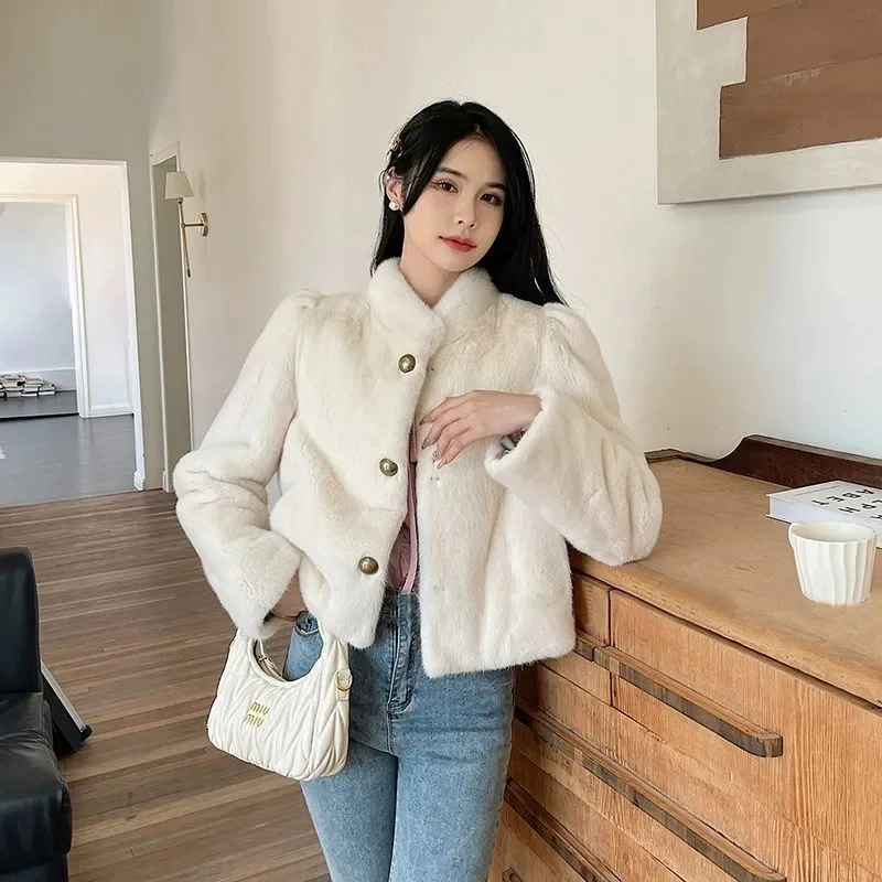 2025 New Imitation Fur Coat Women's Autumn Winter Stand-UP Collar Mao Mao Outerwear Female Short Fur-Like Padded Overcoat Ladies